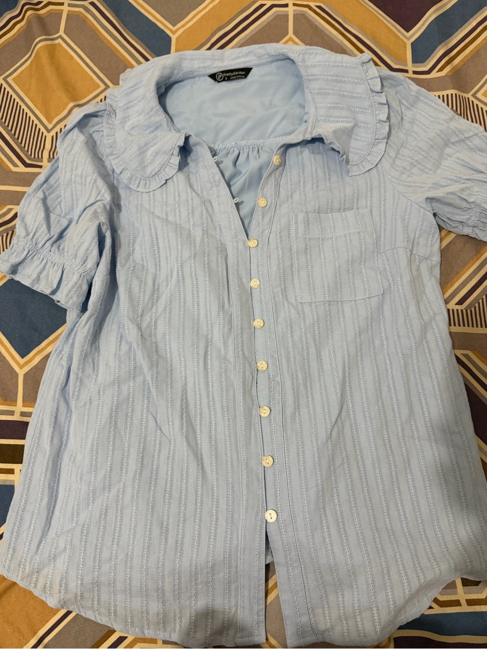 Worthington Light Blue Ruffle-Collar Button Front Blouse